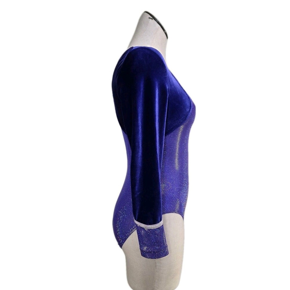 GK Elite VTG Royal Pixelated LS Velvet Sleeves Leotard Blue Violet AS Adult S - Picture 7 of 16